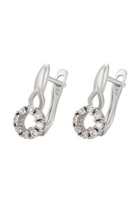 Strieborné náušnice s okrúhlym dizajnom a stredovým výrezom, dekorované priesvitnými drahokamami okolo okraja, matný povrch, uzáver na páku.