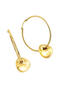 Kultaiset nappikorvakorut, joissa on sileät, pyöristetyt kultaisiin yksityiskohtiin, kiillotettu pinta ja sarana suljenta, joka tekee niiden käytöstä helppoa.