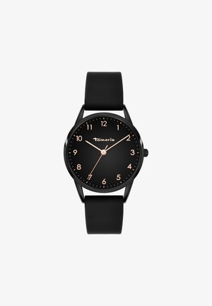 Montre noire avec un cadran rond, un cadran noir, des aiguilles et des chiffres en or rose. Équipée d'un bracelet en silicone noir lisse et d'un design minimaliste.