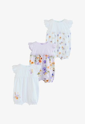 Three baby rompers with ruffled sleeves, featuring white and lilac tops and floral-patterned bottoms in pastel colors.