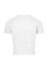 T-shirt en coton blanc avec un col rond, des manches courtes et une coupe ajustée. Texture lisse avec des bords propres et sans marque visible.