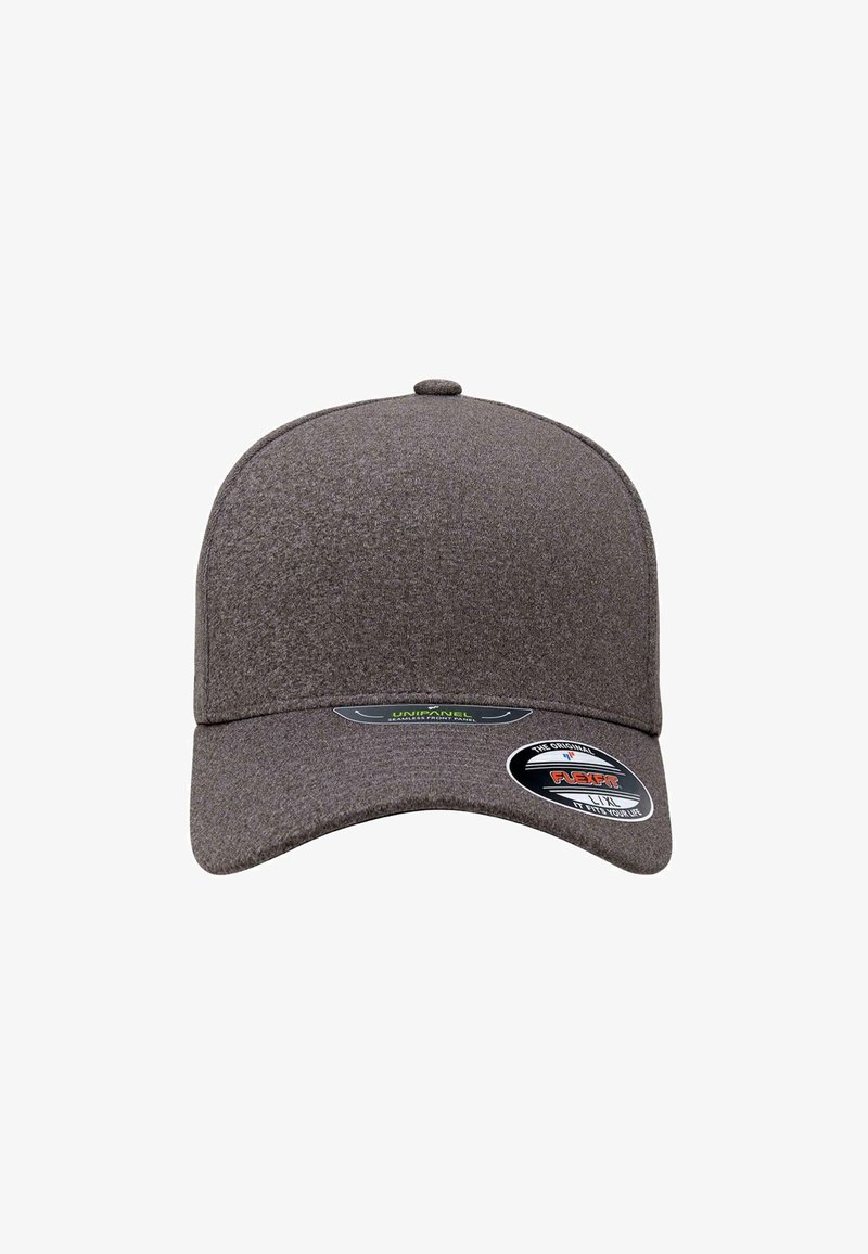 Brown fitted cap with a smooth texture, curved visor, and a rounded crown. Features branding tags on the front and side.