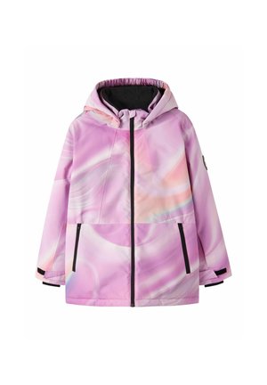 Veste à capuche dégradé violet clair et rose avec fermeture éclair noire et deux poches avant zippées, manches longues et sangles réglables aux poignets.