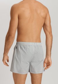 Shorts de bain rayés en bleu clair et blanc, dotés d'une taille élastique et d'une coupe décontractée, vus de dos. Texture de tissu douce.