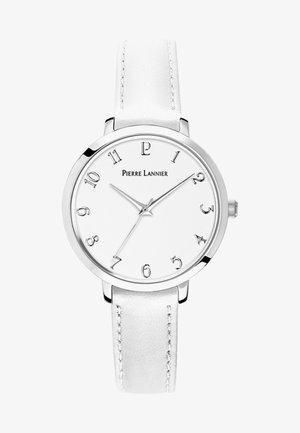 Reloj redondo de acero inoxidable plateado con esfera blanca, números árabes y correa de piel blanca. Diseño simple con estética minimalista.