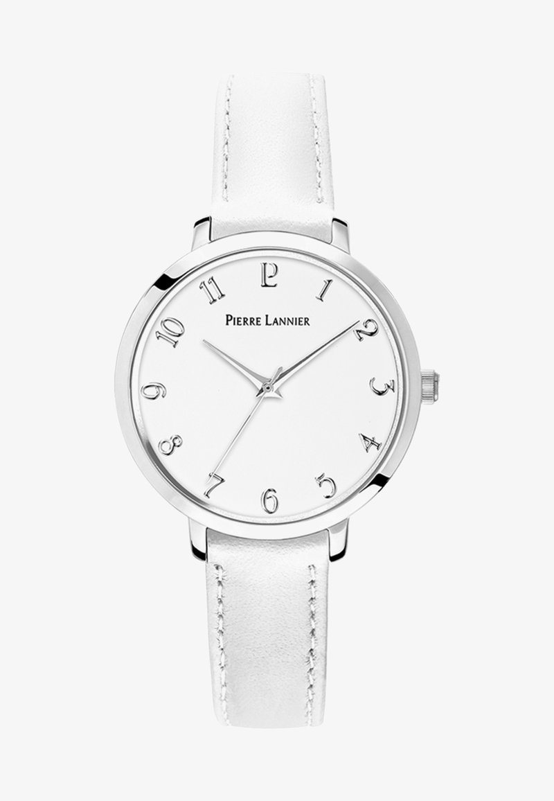 Apaļa sudraba nerūsējošā tērauda pulksteņi ar baltu ciparnīcu, ar arābu cipariem un baltu ādas siksniņu. Vienkārša dizaina, ar minimālistisku estētiku.