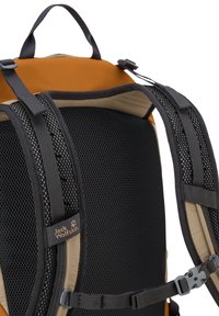 Vista trasera de una mochila naranja y beige con panel trasero acolchado de malla negra, correas de hombro ajustables y correa con hebilla en el pecho.