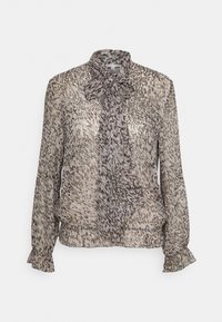 Langærmet bluse i lysebrun og beige dyreprint. Har et bundet halstørklæde, smockede manchetter og en let afslappet pasform. Silkeagtig tekstur.