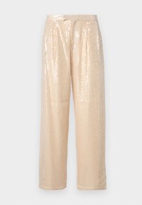 Beige palazzo broek bedekt met pailletten, met een ontspannen pasvorm, geplooide voorkant en wijde benen, voorzien van een gladde tailleband.
