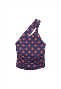 Top azul marino con un tirante, diseño fruncido, con un llamativo patrón de explosiones naranjas en todo. Tela de textura suave.