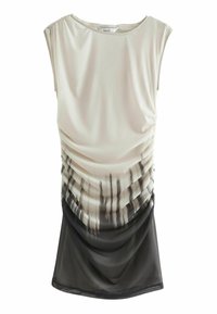 Ärmelloses Top in Creme- und Schwarzverlauf mit plissierter Textur. Weicher Stoff, runder Ausschnitt, drapiertes Design, das in einen dunkleren Saum übergeht.