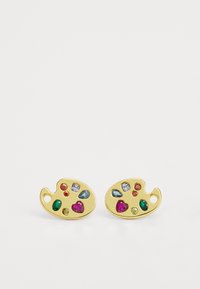 Kuldtooni kõrvarõngad, mis on kujundatud maalikunstniku paleti sarnaseks, sisaldavad erineva kujuga värvilisi kive, sealhulgas roheline, sinine, punane ja roosa.