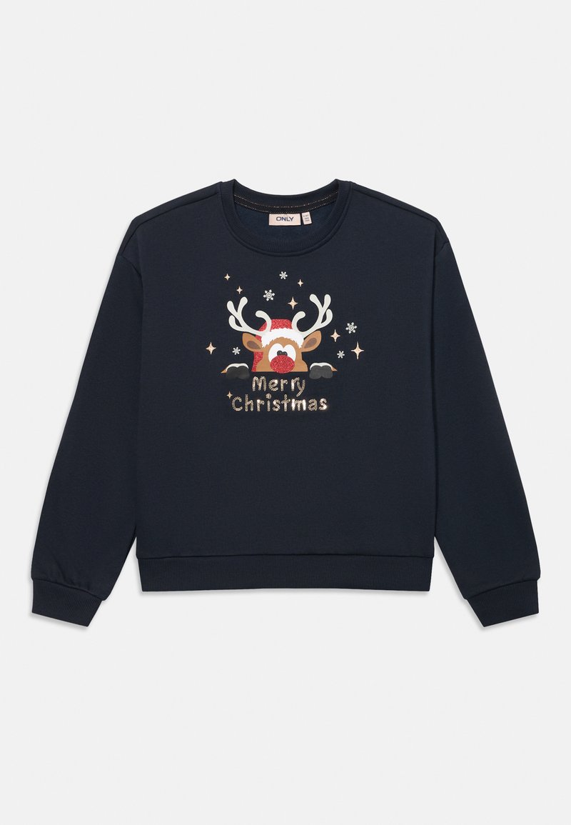 Sweatshirt azul-marinho com um gráfico festivo de rena, nariz vermelho e texto "Feliz Natal". Material suave, punhos e barra canelados.