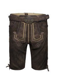 Shorts en cuir marron avec des broderies ornées sur les poches, une boucle de ceinture décorative et des fermetures latérales pour un ajustement. Design texturé et détaillé.