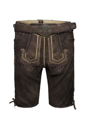 Shorts en cuir marron avec des broderies ornées sur les poches, une boucle de ceinture décorative et des fermetures latérales pour un ajustement. Design texturé et détaillé.