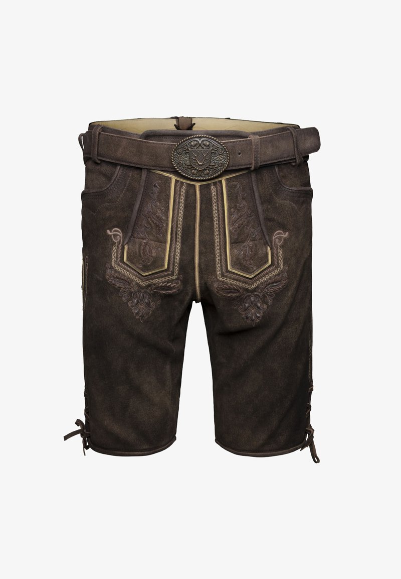 Shorts en cuir marron avec des broderies ornées sur les poches, une boucle de ceinture décorative et des fermetures latérales pour un ajustement. Design texturé et détaillé.