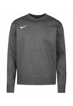 Sweat-shirt gris foncé à manches longues avec col rond, avec un petit logo Nike Swoosh blanc sur le haut gauche de la poitrine.
