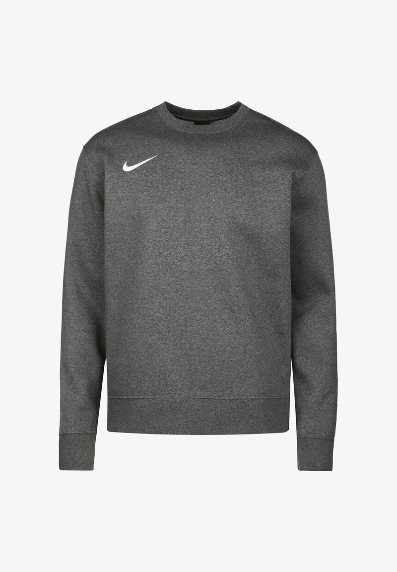 Sweat-shirt gris foncé à manches longues avec col rond, avec un petit logo Nike Swoosh blanc sur le haut gauche de la poitrine.
