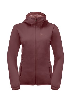 Bordeaux damesjacket met een capuchon, volledige ritssluiting en twee zijzakken. Gemaakt van glad, lichtgewicht stof met elastische manchetten. Merkenlogo op de borst.