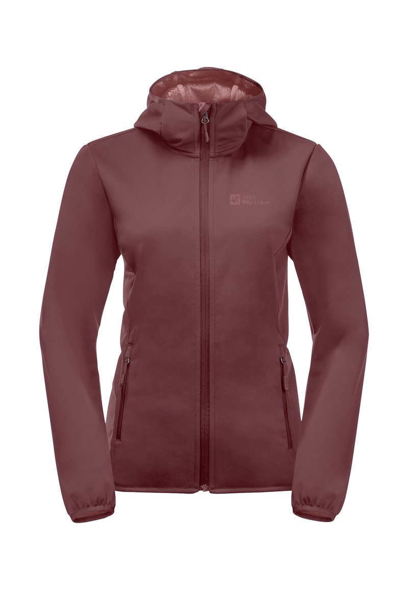 Maroon women's jacket with a hood, full zipper, and two side pockets. Made of smooth, lightweight fabric with elastic cuffs. Brand logo on chest.