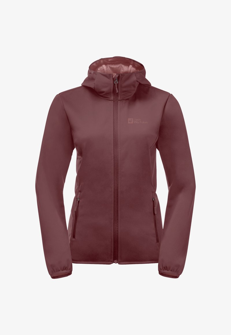 Veste femme bordeaux avec capuche, fermeture éclair intégrale et deux poches latérales. Fabriquée en tissu lisse et léger avec des poignets élastiques. Logo de la marque sur la poitrine.