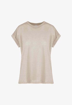 Beige Kurzarm-T-Shirt aus leichtem, glattem Stoff. Mit einem runden Halsausschnitt und umgeschlagenen Ärmeln, entspannter Passform und minimaler Textur.