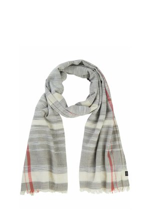 Gray and beige scarf with striped pattern, featuring fringed edges and a red accent stripe. Made from soft, lightweight fabric.