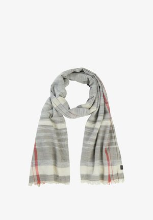 Grå og beige tørklæde med stribet mønster, prydet med frynser og en rød accentstribe. Fremstillet af blødt, letvægtsstof.