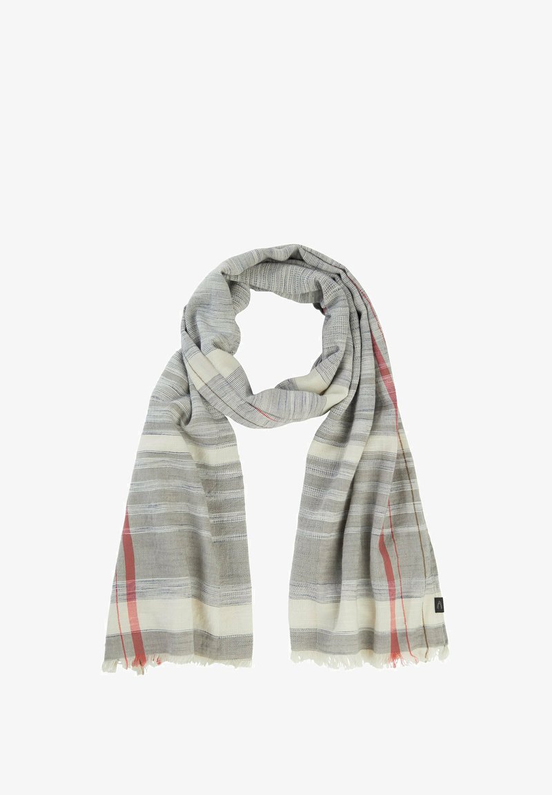 Grå og beige tørklæde med stribet mønster, prydet med frynser og en rød accentstribe. Fremstillet af blødt, letvægtsstof.