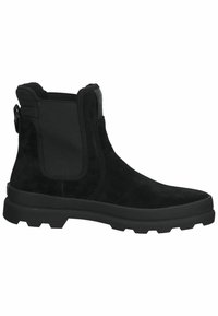 Botte Chelsea en daim noir avec panneau latéral élastique, languette au talon et semelle en caoutchouc robuste.