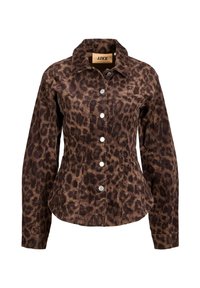 Veste en velours côtelé à imprimé léopard en marron et noir, avec un col, des boutons-pression, deux poches poitrine et une silhouette ajustée.