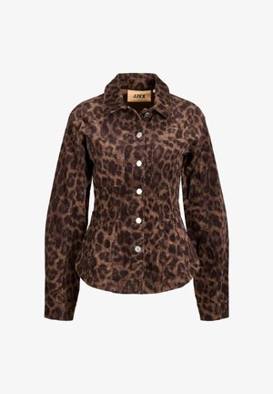 Leopardenmuster-Jacke aus braunem und schwarzem Cord, mit Kragen, Druckknöpfen, zwei Brusttaschen und tailliertem Schnitt.