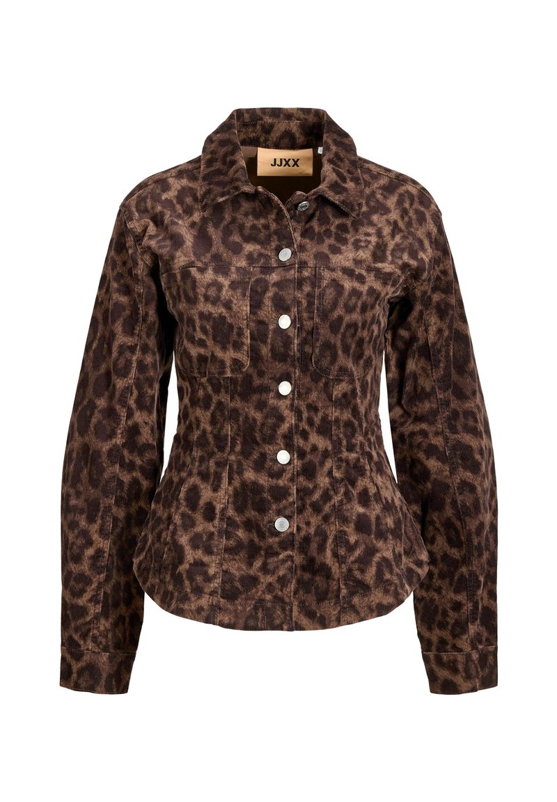 Veste en velours côtelé à imprimé léopard en marron et noir, avec un col, des boutons-pression, deux poches poitrine et une silhouette ajustée.