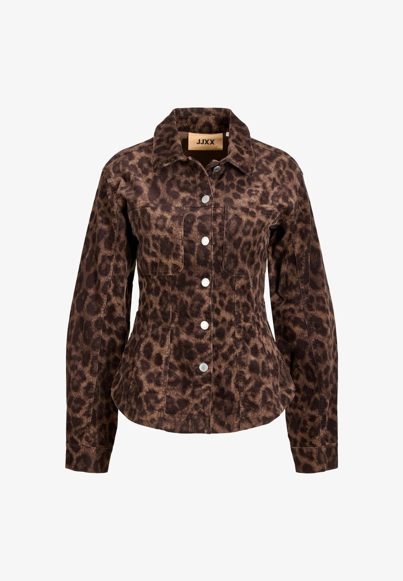 Veste en velours côtelé à imprimé léopard en marron et noir, avec un col, des boutons-pression, deux poches poitrine et une silhouette ajustée.