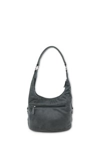 Graue Leder-Umhängetasche mit weicher Textur, geschwungenem Körper, einem Griff, seitlicher Reißverschlusstasche und minimalistischem Design.