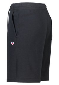 Shorts décontractés noirs avec taille élastique, poches latérales et un petit logo triangulaire rouge, blanc et bleu sur la jambe gauche.