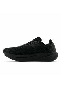 Black athletic shoe featuring a textured upper with subtle patterns, a cushioned sole, and contrasting logo accents.