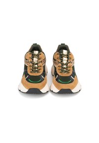 Zapatillas de ante marrón con acentos de malla verde, herrajes dorados y detalles en negro. Punta redonda, suela acolchada y cierre con cordones.