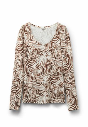 Langärmliges Oberteil mit tiefem V-Ausschnitt, das ein braun-weißes Zebra-Muster auf einem weichen Stoff aufweist. Fließendes Design und flexible Textur.