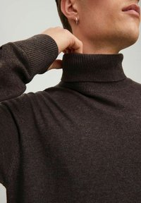Pull à col roulé marron avec encolure et poignets côtelés, fabriqué en tissu doux et texturé, présentant une silhouette ajustée.