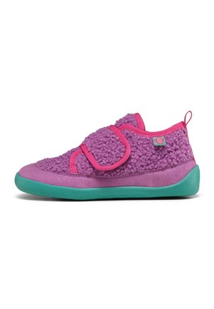 Children's purple fuzzy shoe with pink trim, velcro strap, and green sole, viewed from the side on a white background.