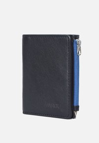 Black leather wallet with a blue zipper accent, featuring a smooth texture and a compact, rectangular shape. Includes embossed branding.