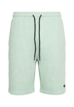 Shorts tricotés texturés vert clair avec cordon noir et taille élastique, avec une petite étiquette de marque noire près de l'ourlet.