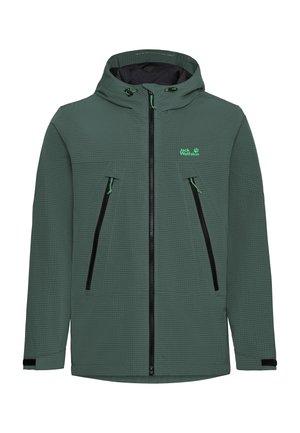 Grüne wasserdichte Jacke mit Gittermuster, verstellbarer Kapuze, zwei vorderen Reißverschlusstaschen und schwarzen Akzenten an Reißverschlüssen und Bündchen.