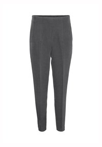 Szare spodnie wykonane z miękkiej tkaniny, o dopasowanym kroju, z pionowymi zakładkami i gładką fakturą, sięgające do kostki.