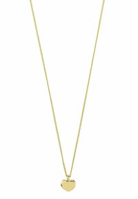 Goudkleurige ketting met een delicaat kettingetje en een hartvormige hanger met een gepolijste oppervlakte. Eenvoudig ontwerp zonder extra versieringen.