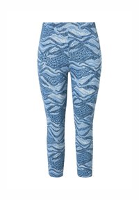 Blå mönstrade leggings med vågiga ränder och leopardliknande designer, tillverkade av ett stretchigt tyg, kavlad längd och åtsittande silhuett.
