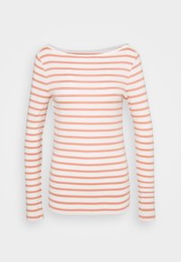 Långärmad topp med horisontella korall- och vita ränder, gjord av mjukt tyg med en vid halsringning och figurnära passform.
