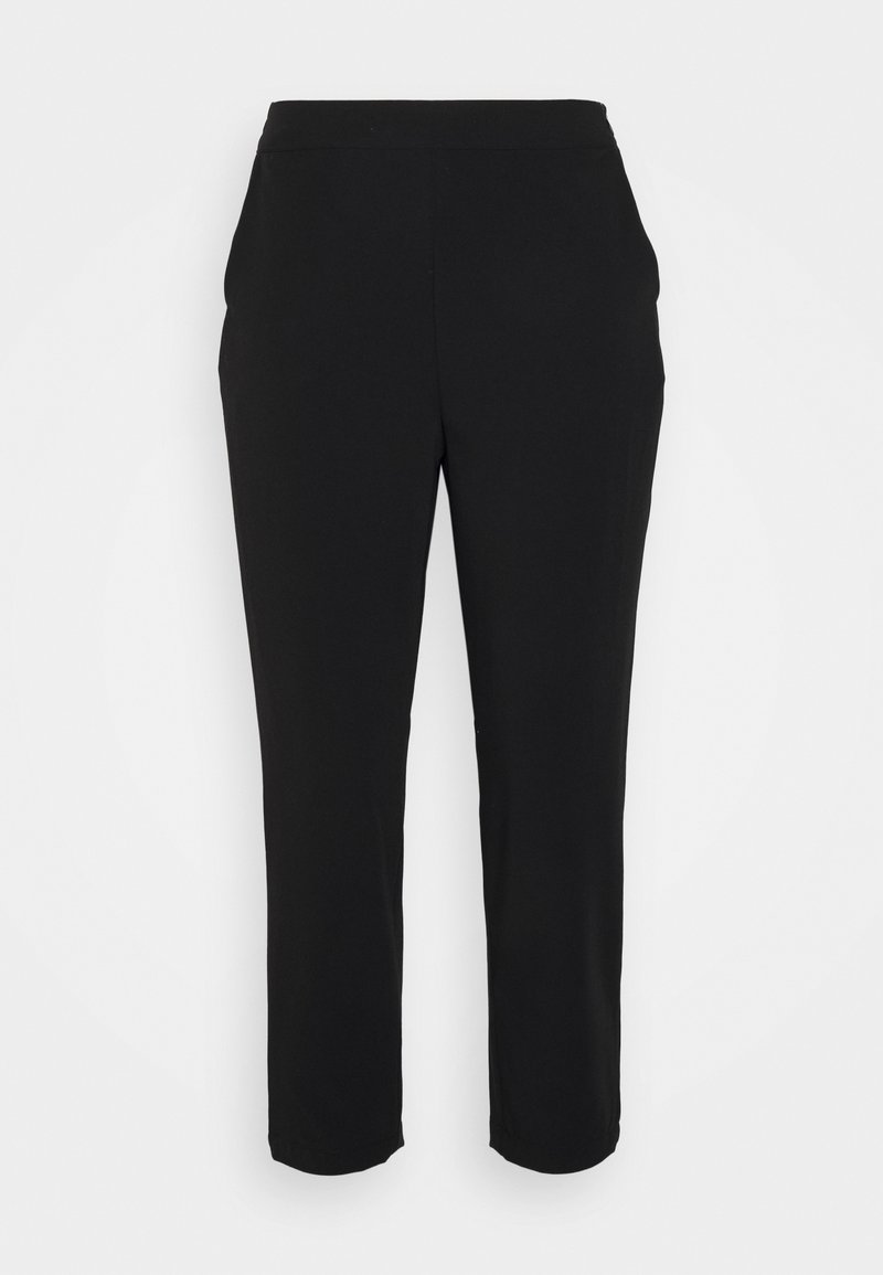 Pantalon noir droit avec une taille mi-haute et des poches latérales, présenté sur un fond blanc uni.