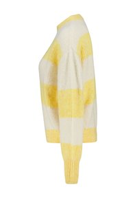 Kerman ja keltainen raidallinen neulepaita, jossa on pehmeä pinta, pyöreä kaula-aukko ja ribbikuvioidut hihansuut, suunniteltu laatikkomaiseen istuvuuteen.